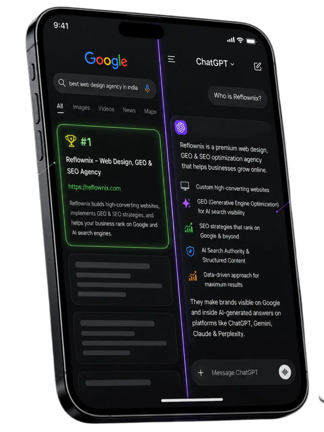 GEO & SEO Optimization — AI Search Visibility Example by Reflownix